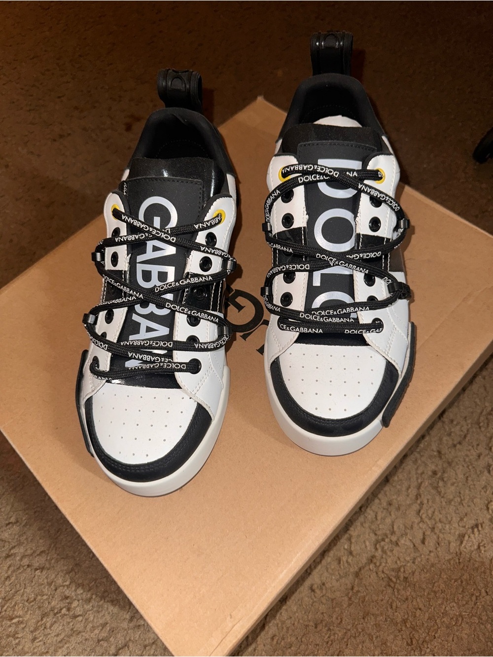 Dolce & Gabbana White Black Logo Strap Sneakers with Yellow Accents